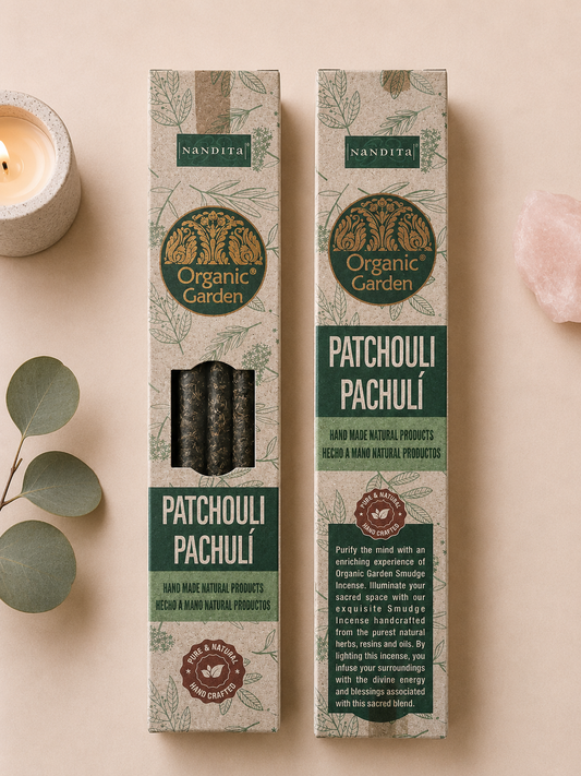 Incienso de pachulí Organic Garden, otra vista de la caja