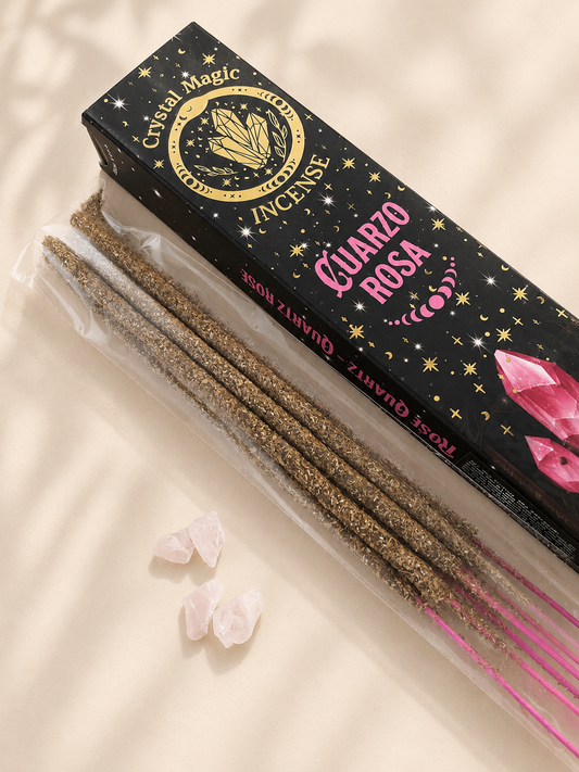 Incienso Crystal Magic de cuarzo rosa, detalle de la caja