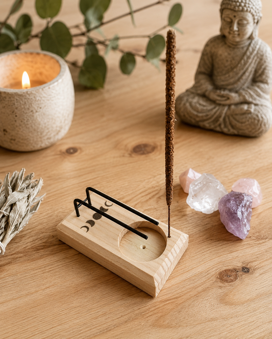 Quemador de palo santo de madera con una varilla de incienso