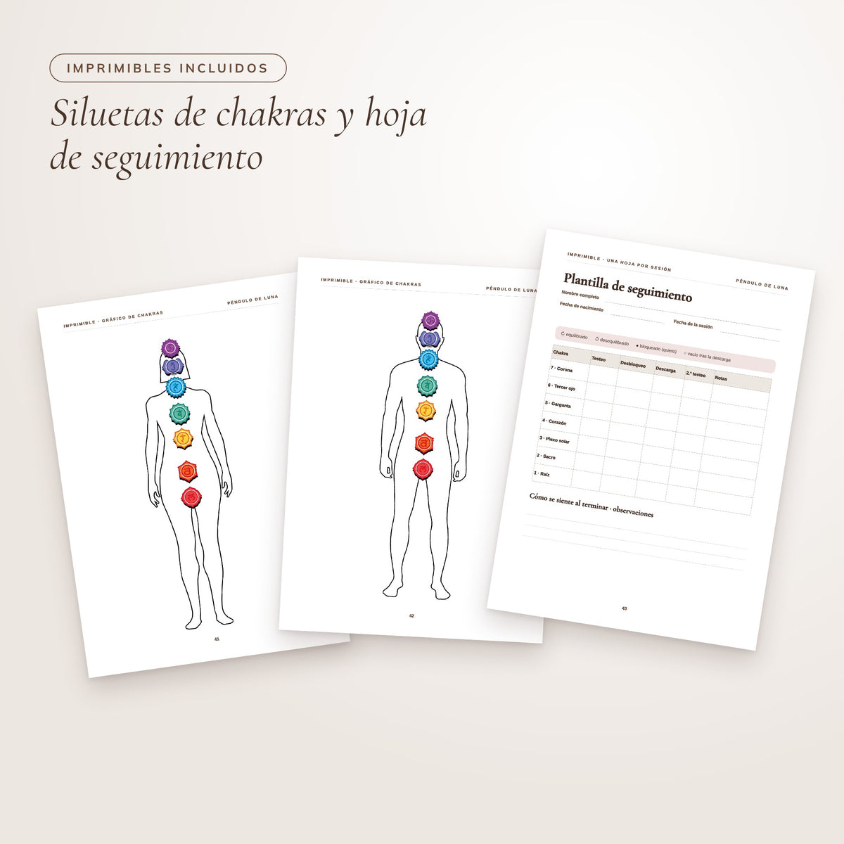 Imprimibles incluidos: siluetas de chakras y plantilla de seguimiento de sesiones con péndulo