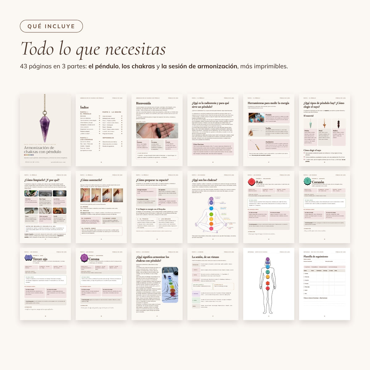 Páginas interiores del ebook de armonización de chakras con péndulo: el péndulo, los chakras y la sesión