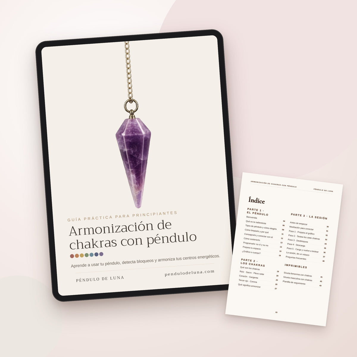 Ebook Armonización de chakras con péndulo en tablet, con el índice de la guía