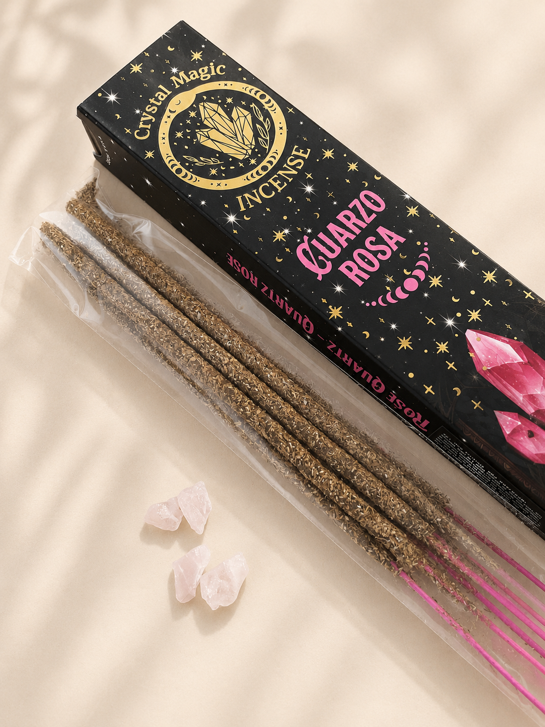 Incienso Crystal Magic de cuarzo rosa, detalle de la caja