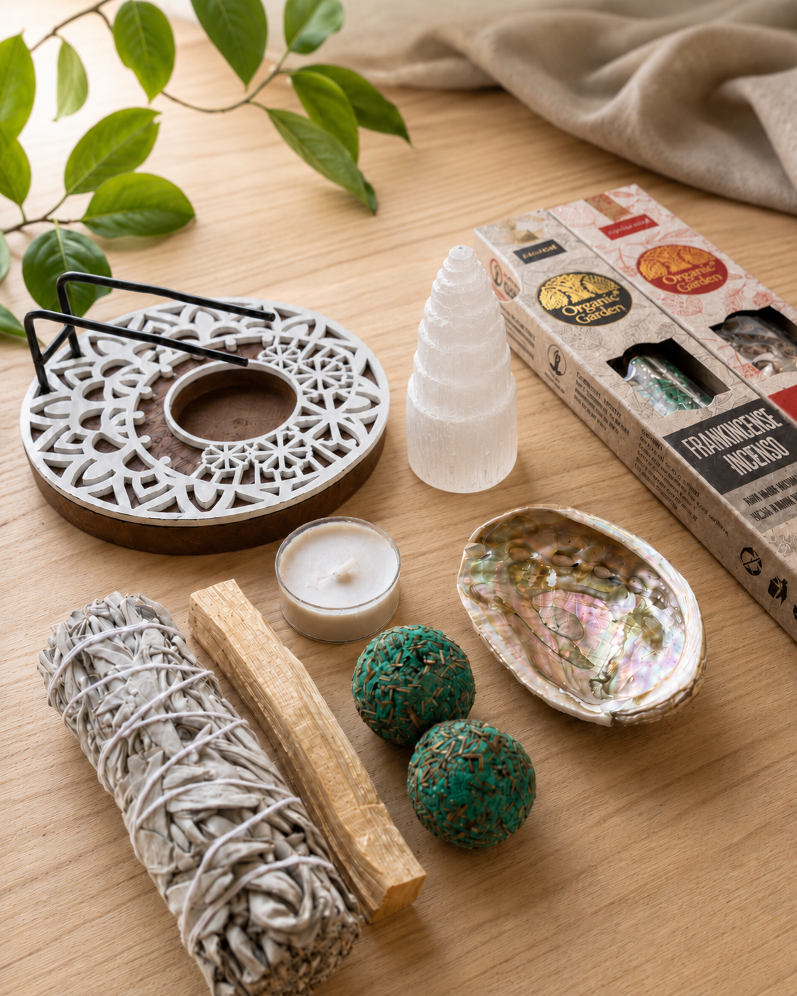 Pack de limpieza energética premium con selenita palo santo y salvia blanca
