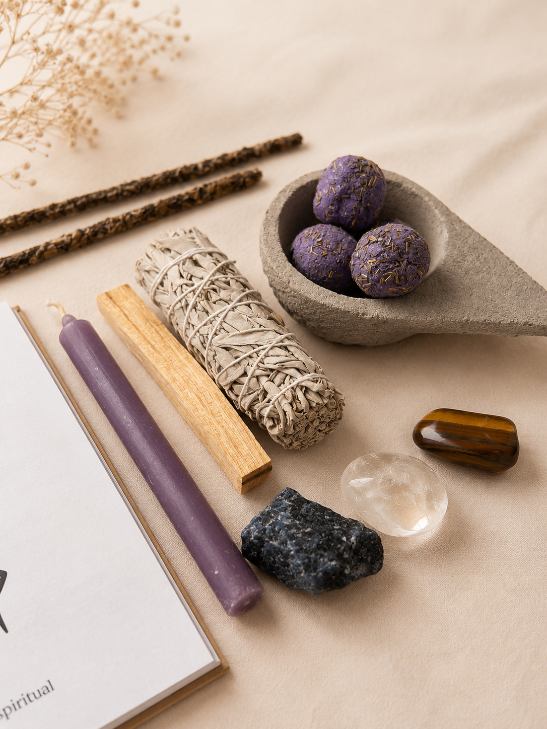 Pack de desbloqueo y claridad mental con salvia, vela morada, incienso y cristales