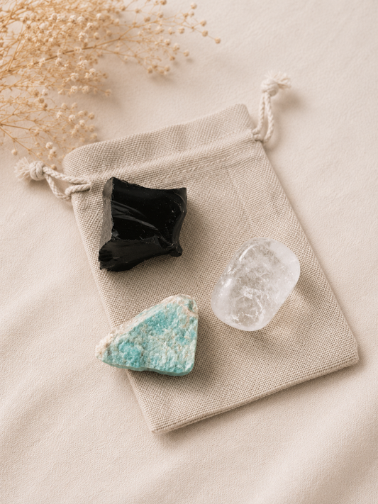 Pack de minerales de protección con obsidiana, amazonita y cuarzo cristal