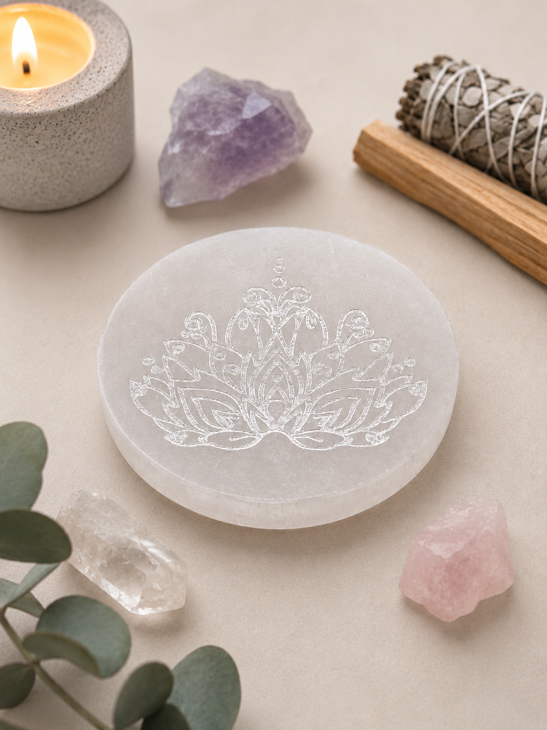 Placa circular de selenita con la flor de loto grabada
