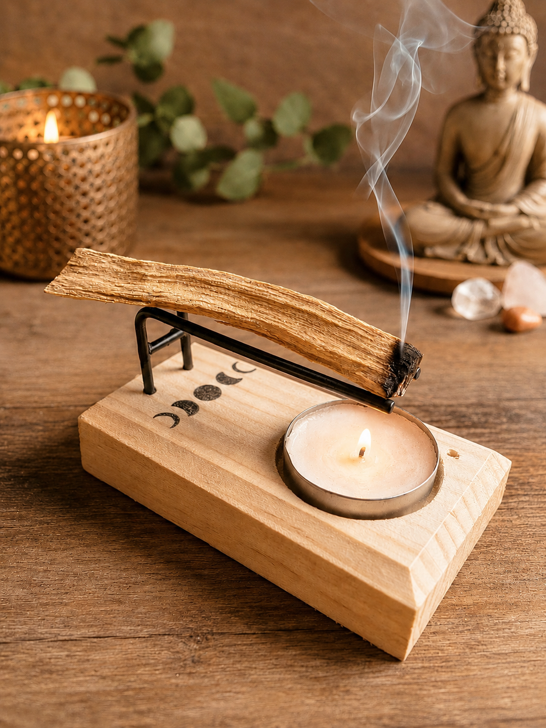 Quemador de palo santo de madera con fases lunares y una vela