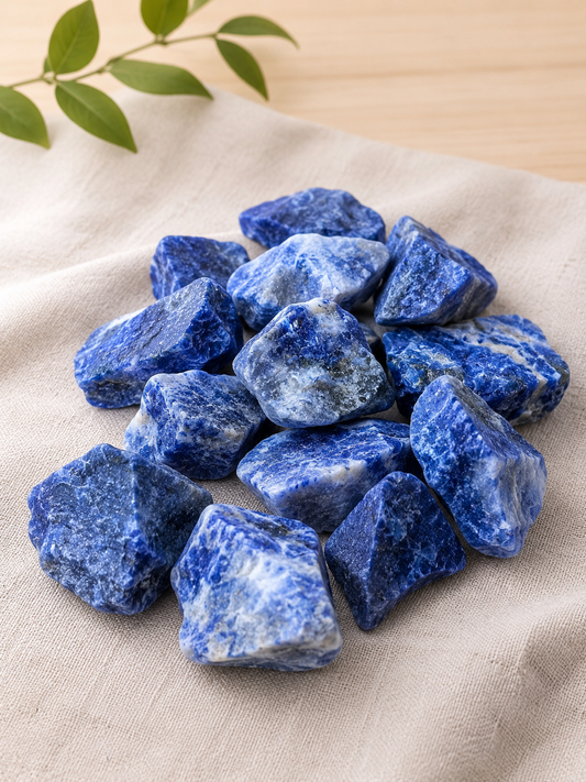 Sodalita en bruto azul con vetas blancas